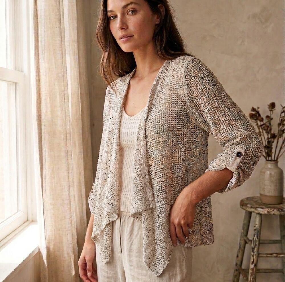 NEW Katie Todd Women Open Front Cardigan Fishnet Waterfall Sweater Gray medium